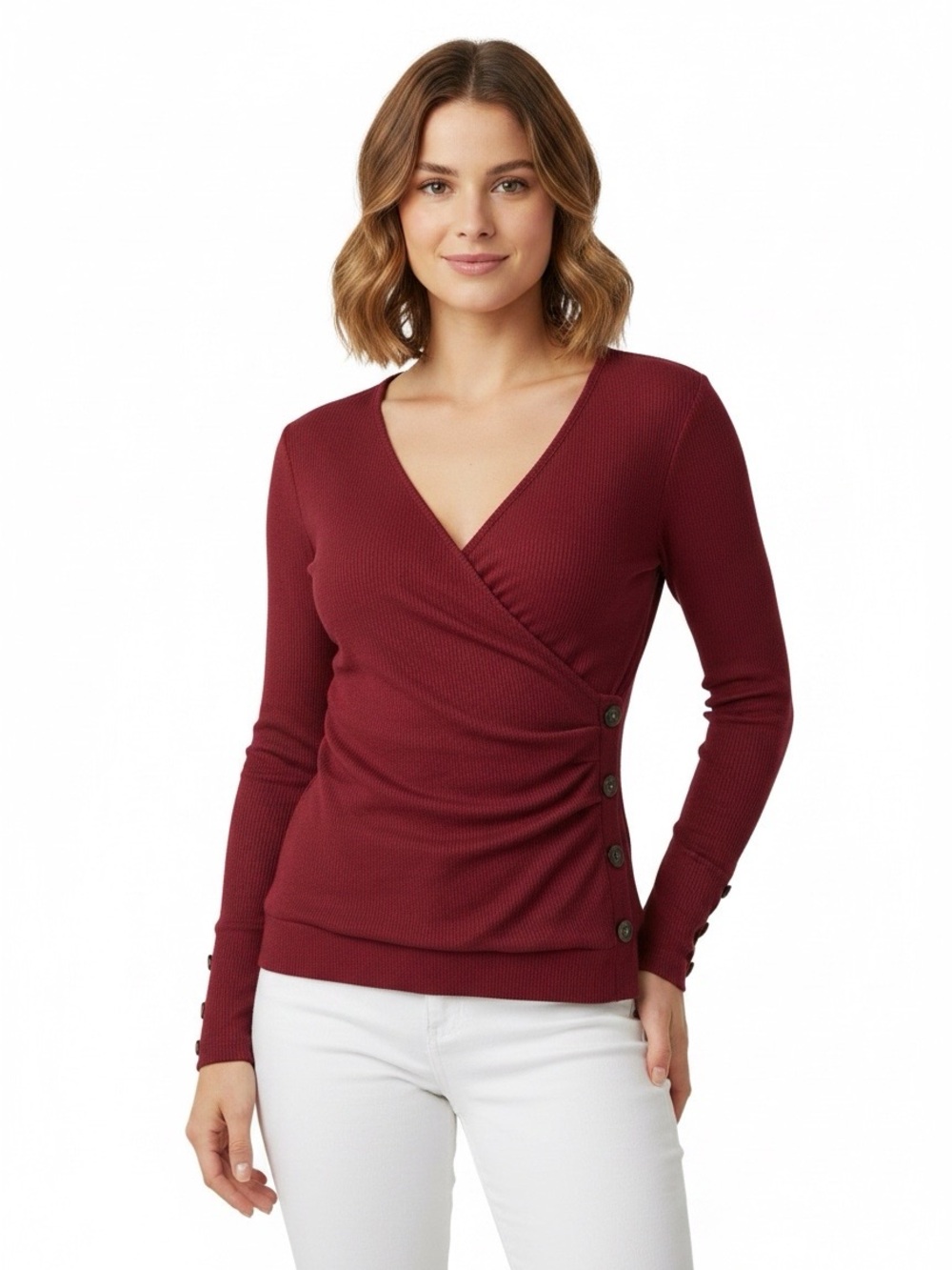 Unbranded red long Sleeve Tshirt V neck waffle knit LARGE button ruche faux wrap